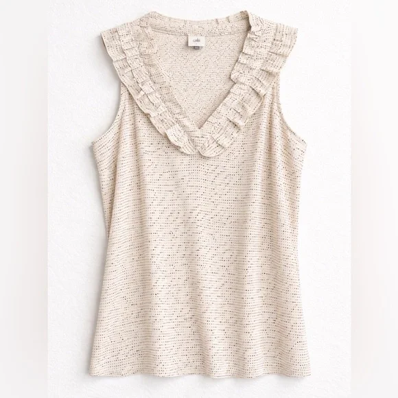 Cabi Polka Dot Ruffle Sleeveless Blouse Cream Black V Neck Size L - Picture 1 of 10